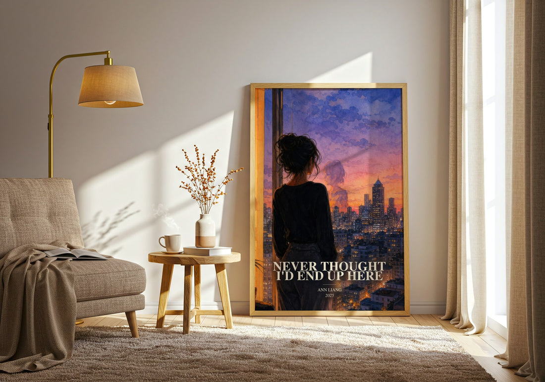 Never Thought I'd End Up Here watercolour print in frame leaning in hallway – romance wall art