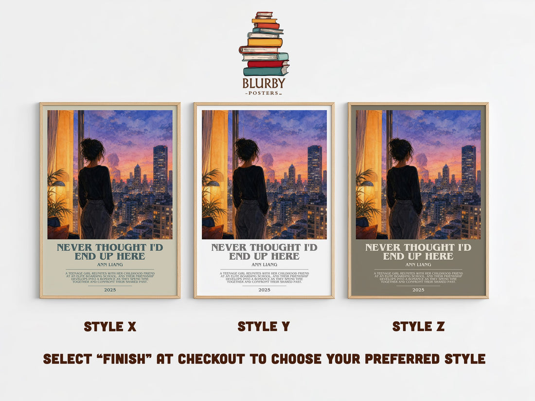 Never Thought I'd End Up Here bookish print in frame leaning in hallway – romance wall art (mockup)