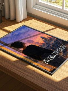 Never Thought I'd End Up Here watercolour book poster framed on wall – romance wall art