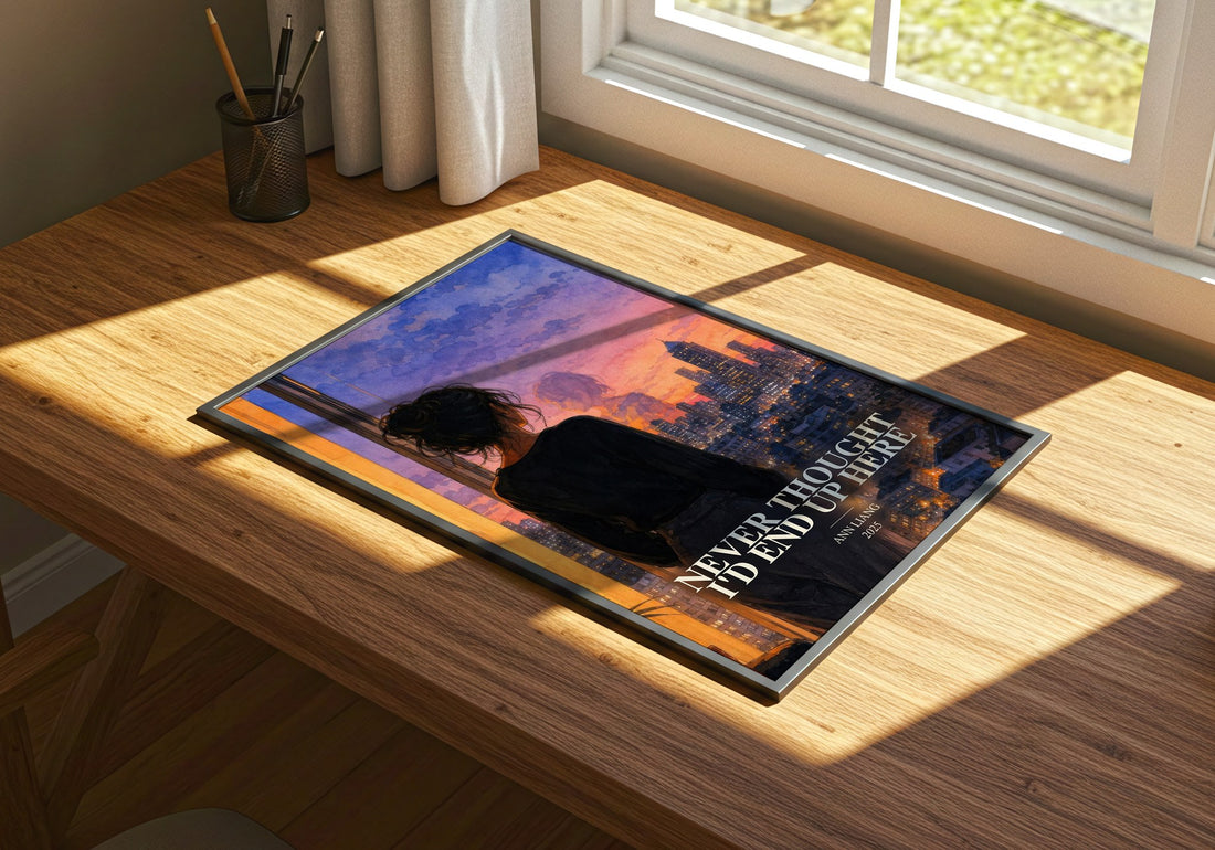 Never Thought I'd End Up Here watercolour book poster framed on wall – romance wall art