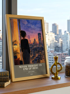 Never Thought I'd End Up Here book cover print framed by window – literary home decor