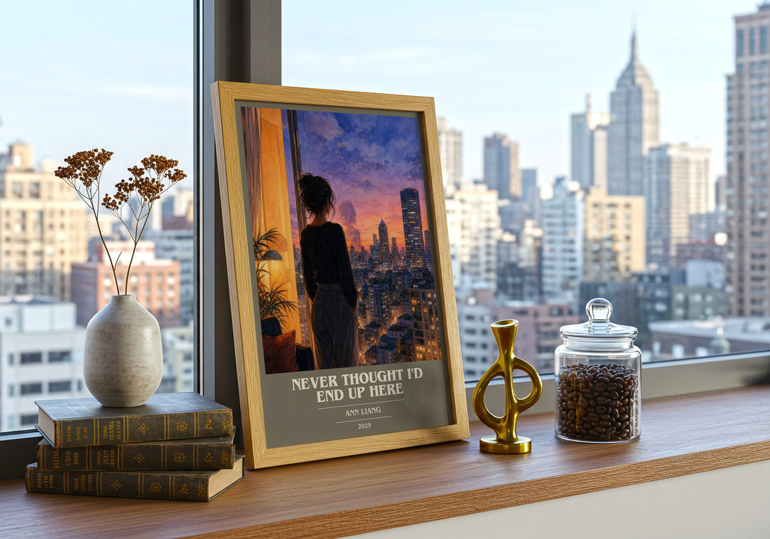 Never Thought I'd End Up Here book cover print framed by window – literary home decor