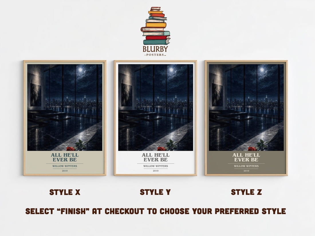 All He'll Ever Be book cover print in frame leaning in hallway – romance wall art (mockup)