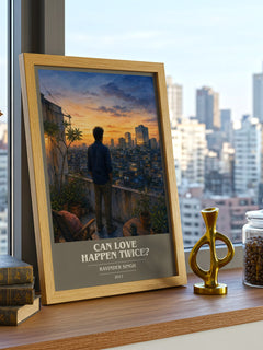 Can love happen twice? Book Cover Poster by Ravinder Singh – framed print on a city-view windowsill