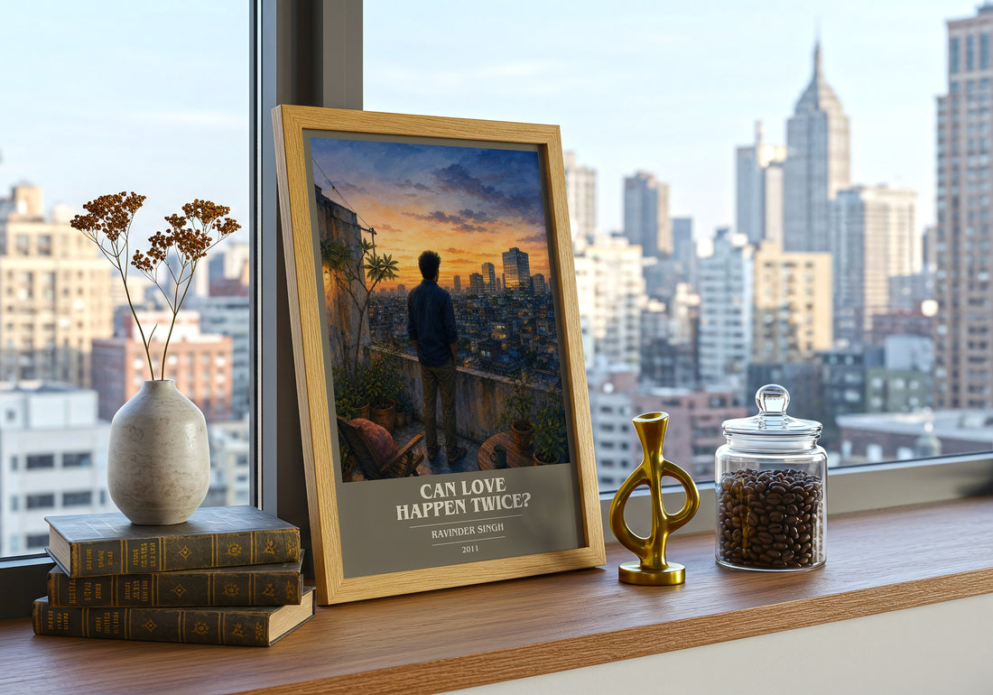 Can love happen twice? Book Cover Poster by Ravinder Singh – framed print on a city-view windowsill