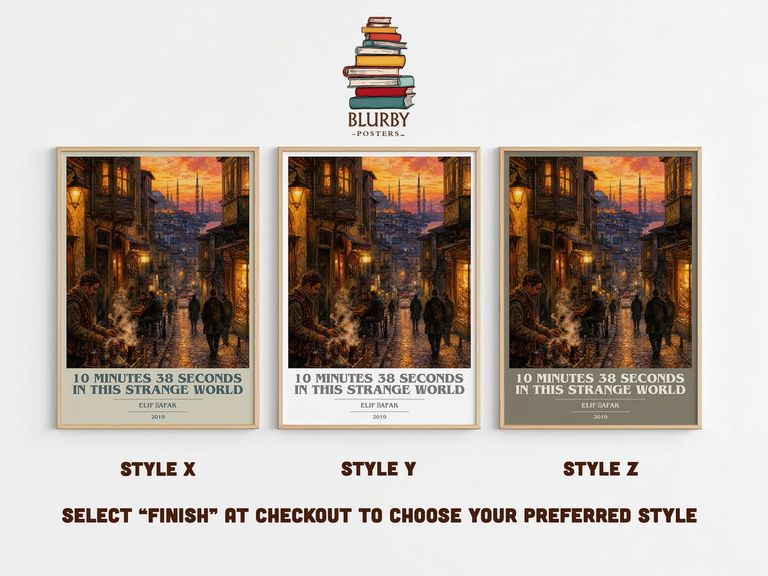 10 Minutes 38 Seconds in This Strange World book cover print in frame leaning in hallway – contemporary fiction wall art (mockup)