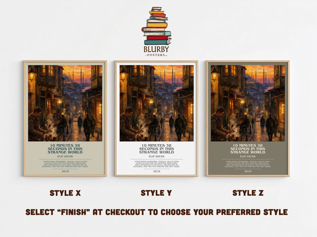 10 Minutes 38 Seconds in This Strange World bookish print in frame leaning in hallway – contemporary fiction wall art (mockup)