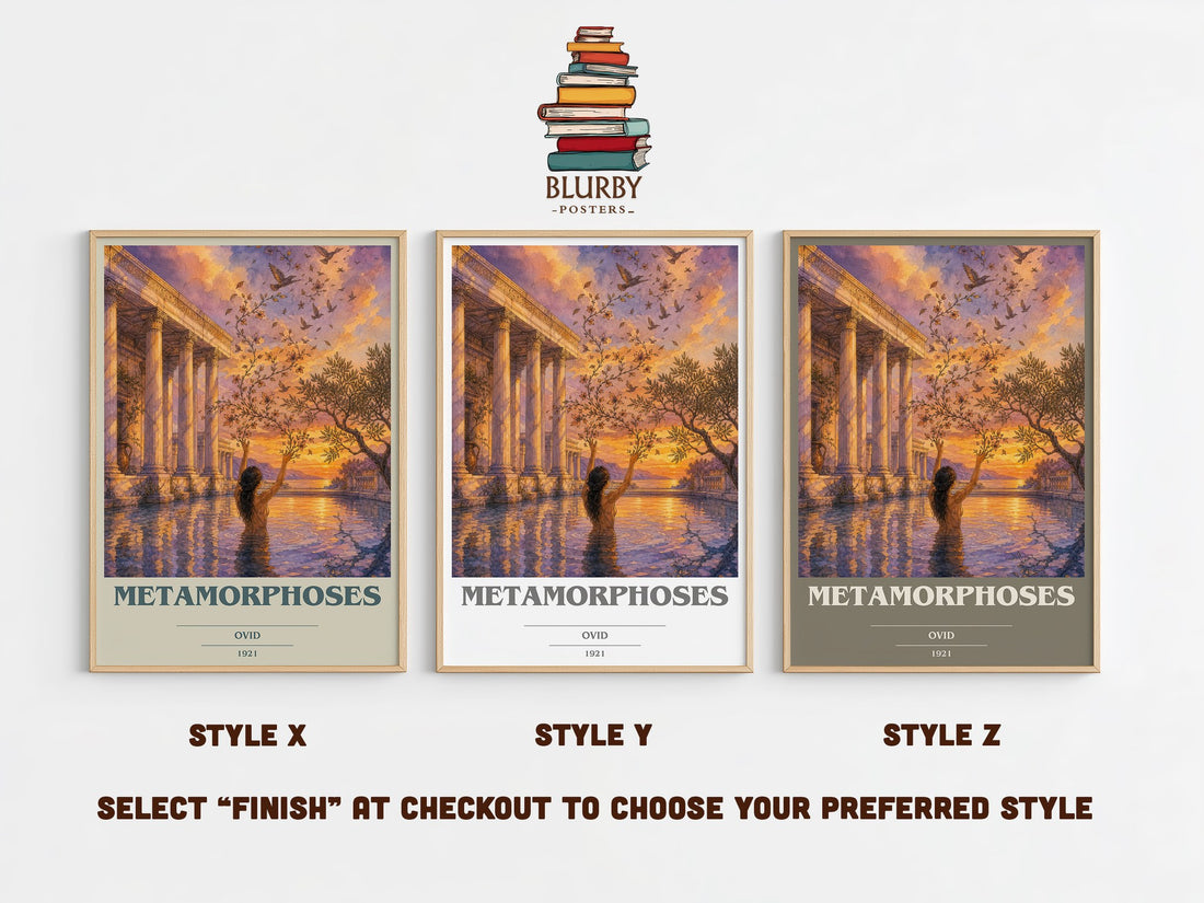 Metamorphoses book cover print in frame leaning in hallway – classic literature wall art (mockup)