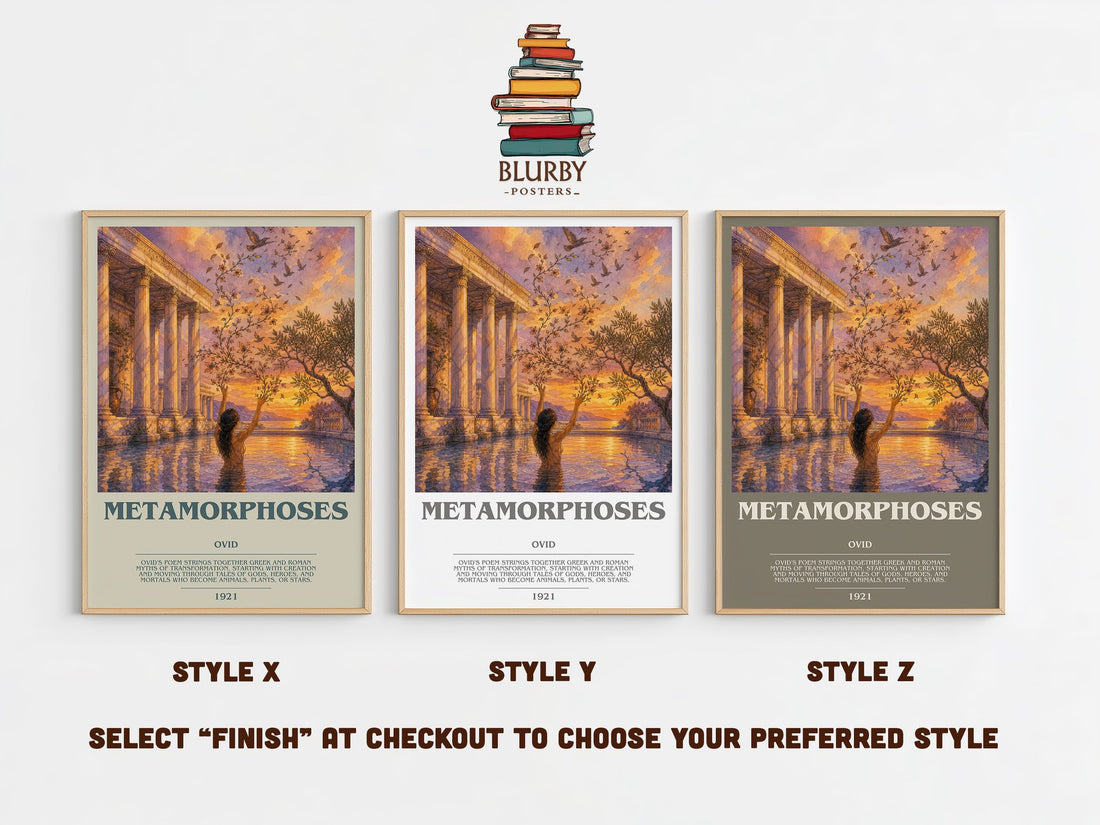 Metamorphoses bookish print in frame leaning in hallway – classic literature wall art (mockup)