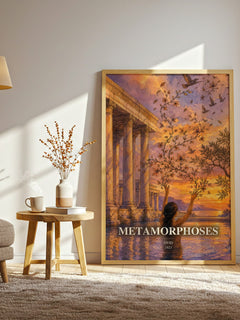Metamorphoses watercolour print in frame leaning in hallway – classic literature wall art