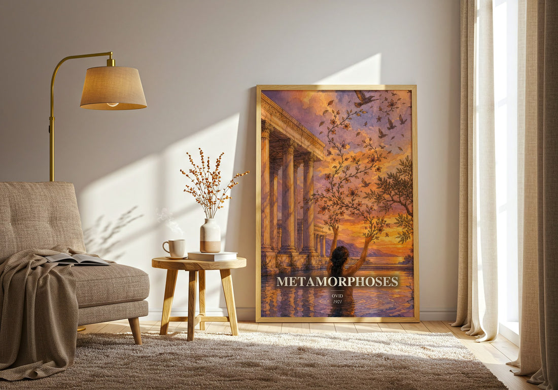 Metamorphoses watercolour print in frame leaning in hallway – classic literature wall art
