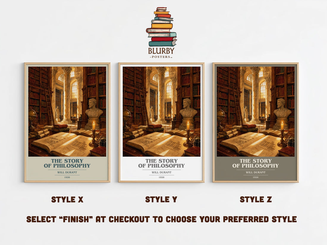 The Story of Philosophy book cover print in frame leaning in hallway – philosophy wall art (mockup)