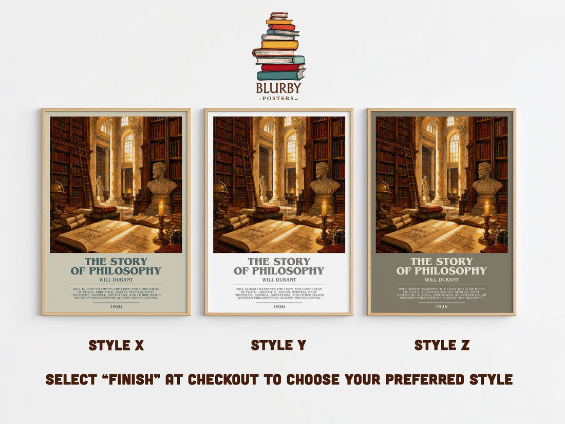The Story of Philosophy bookish print in frame leaning in hallway – philosophy wall art (mockup)