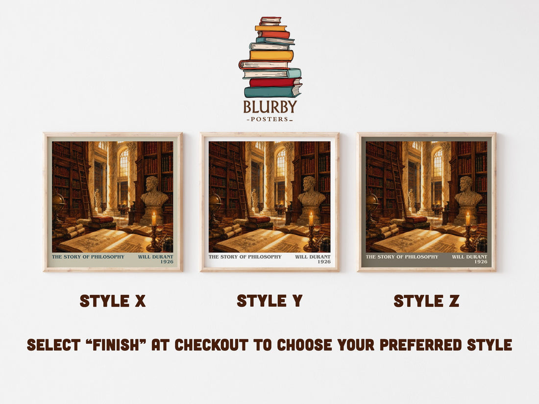 The Story of Philosophy literary print in frame leaning in hallway – philosophy wall art (mockup)