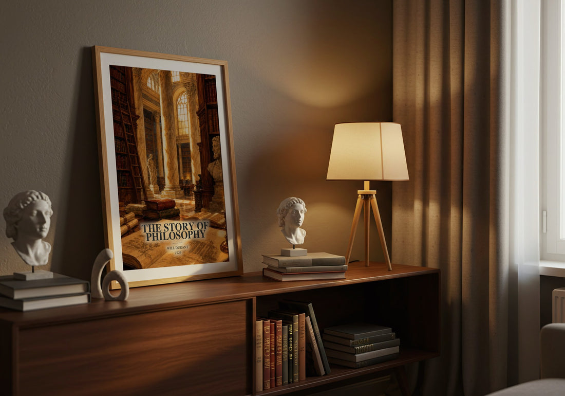 The Story of Philosophy watercolour print on bookshelf – Will Durant fan gift