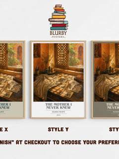 The Mother I Never Knew book cover print in frame leaning in hallway – literary fiction wall art