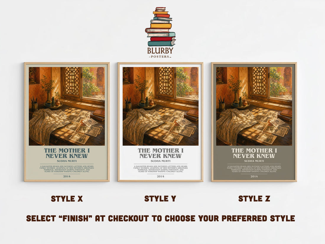 The Mother I Never Knew bookish print in frame leaning in hallway – literary fiction wall art (mockup)