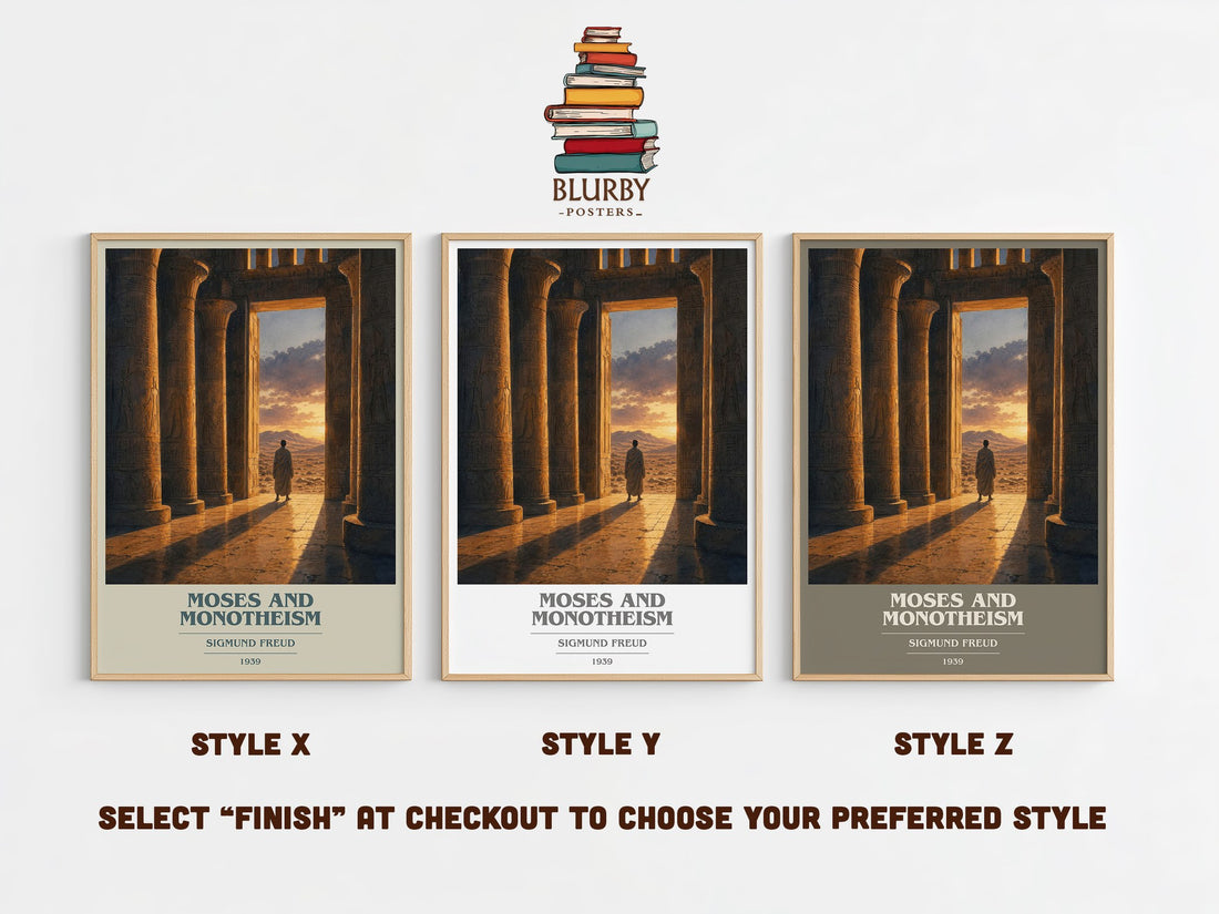 Moses and monotheism book cover print in frame leaning in hallway – philosophy wall art (mockup)