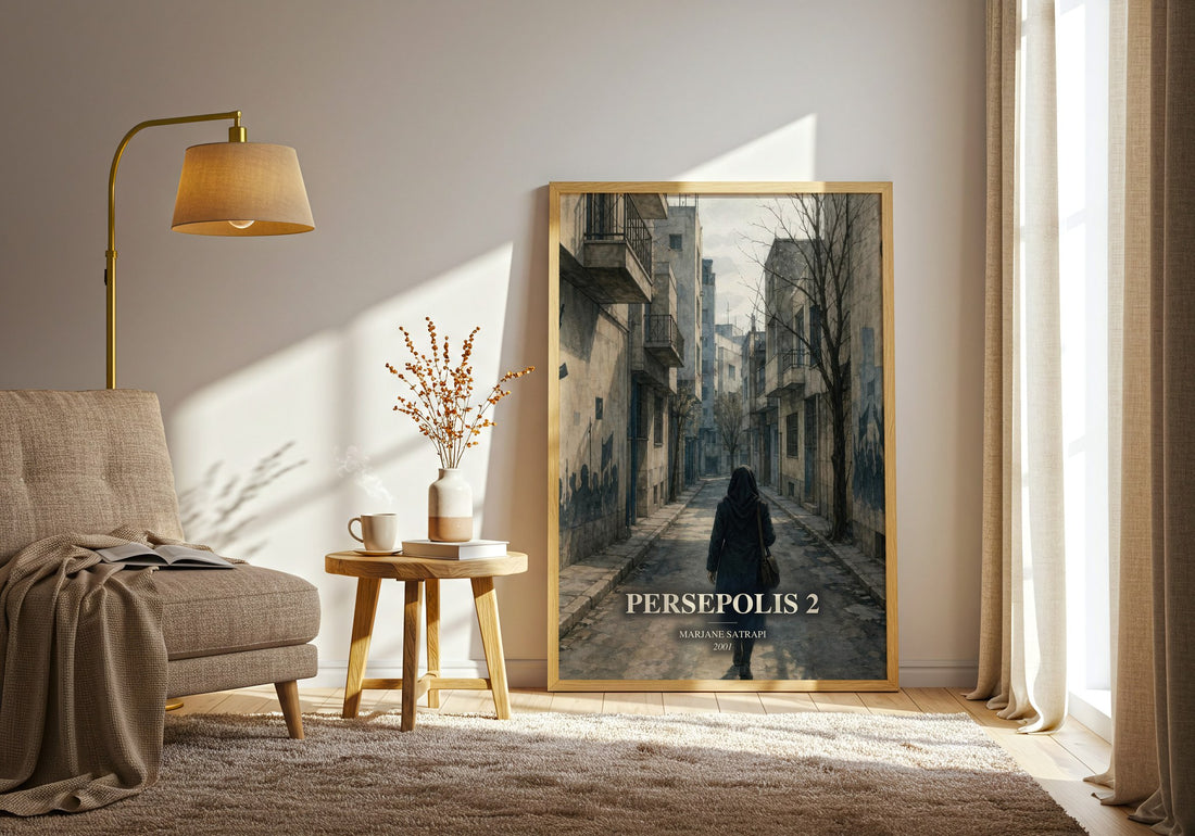 Persepolis 2 watercolour print in frame leaning in hallway – memoir wall art