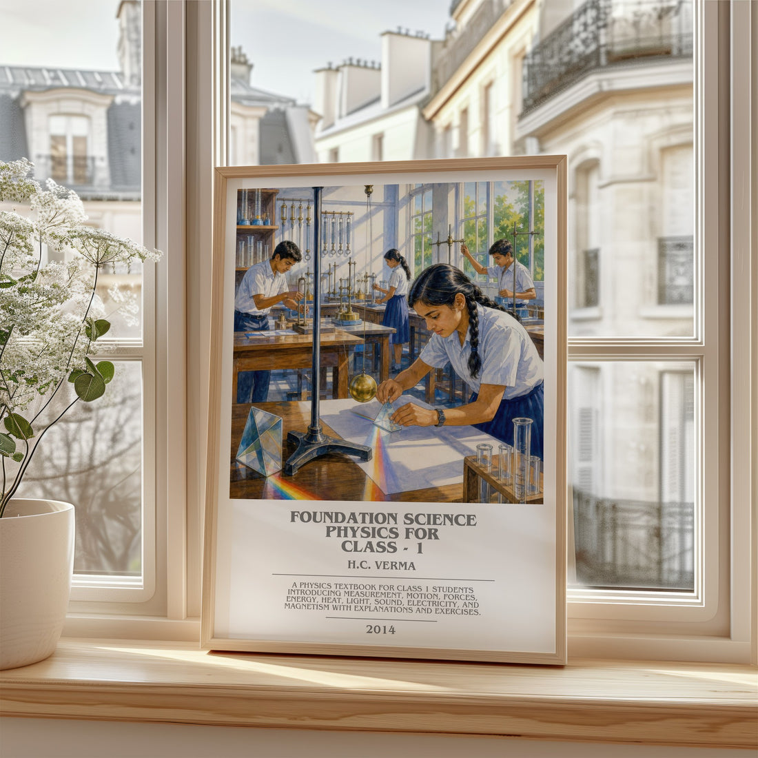 Foundation Science Physics for Class - 1 Bookish Wall Art by H. Verma – framed print by a bright window