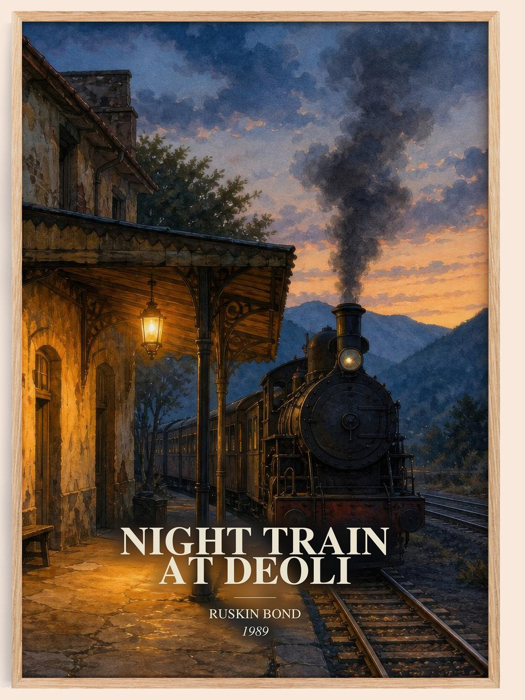 Night Train at Deoli watercolour book poster by Ruskin Bond – framed literary art print