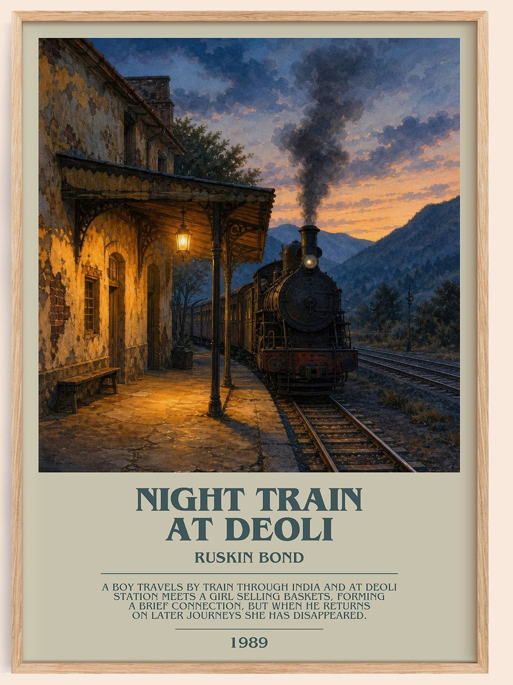 Night Train at Deoli bookish book poster by Ruskin Bond – framed literary art print