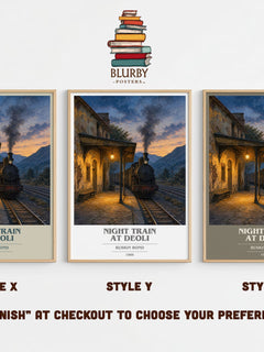 Night Train at Deoli book cover print in frame leaning in hallway – literary fiction wall art