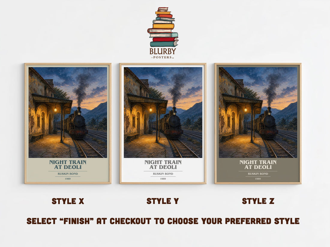 Night Train at Deoli book cover print in frame leaning in hallway – literary fiction wall art (mockup)