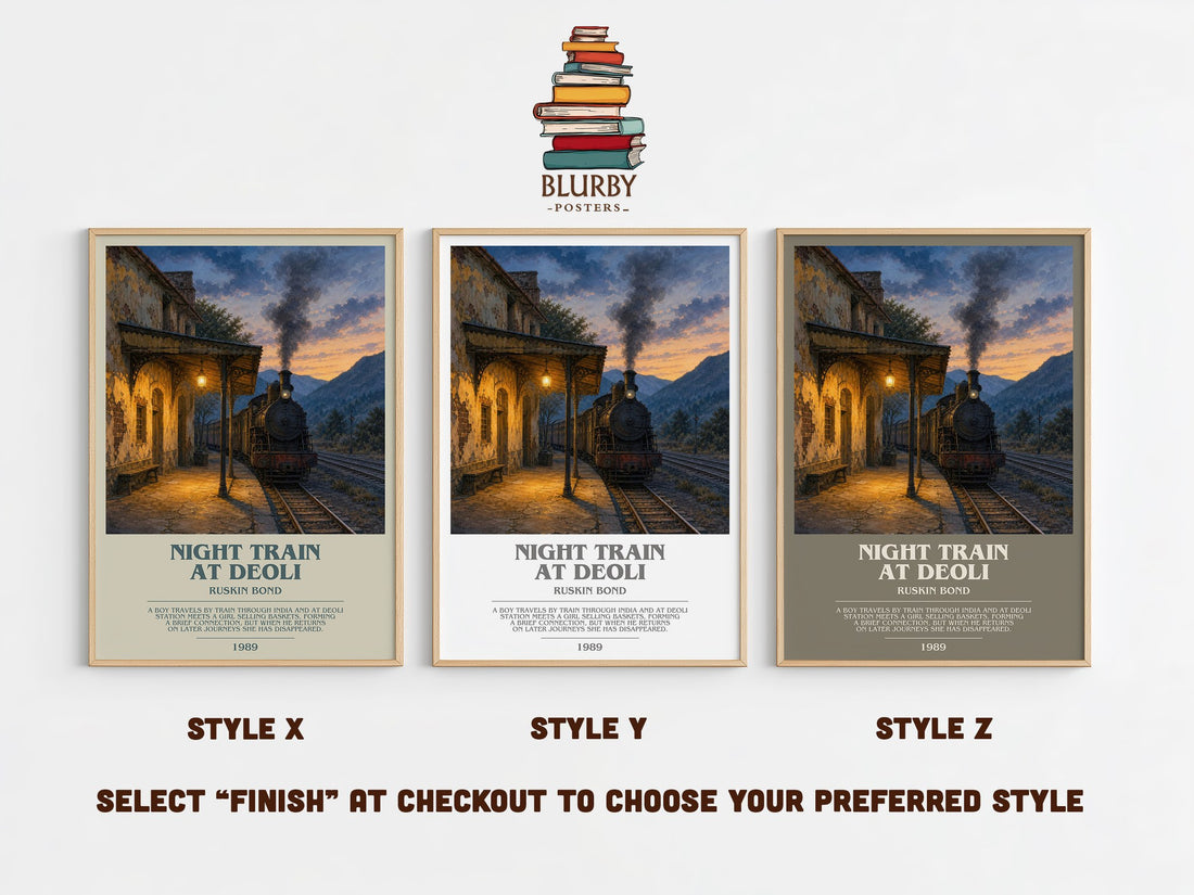 Night Train at Deoli bookish print in frame leaning in hallway – literary fiction wall art (mockup)