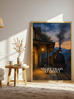 Night Train at Deoli watercolour print in frame leaning in hallway – literary fiction wall art