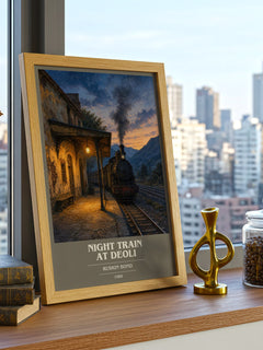 Night Train at Deoli book cover print framed by window – literary home decor