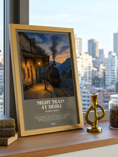 Night Train at Deoli bookish print framed by window – literary home decor