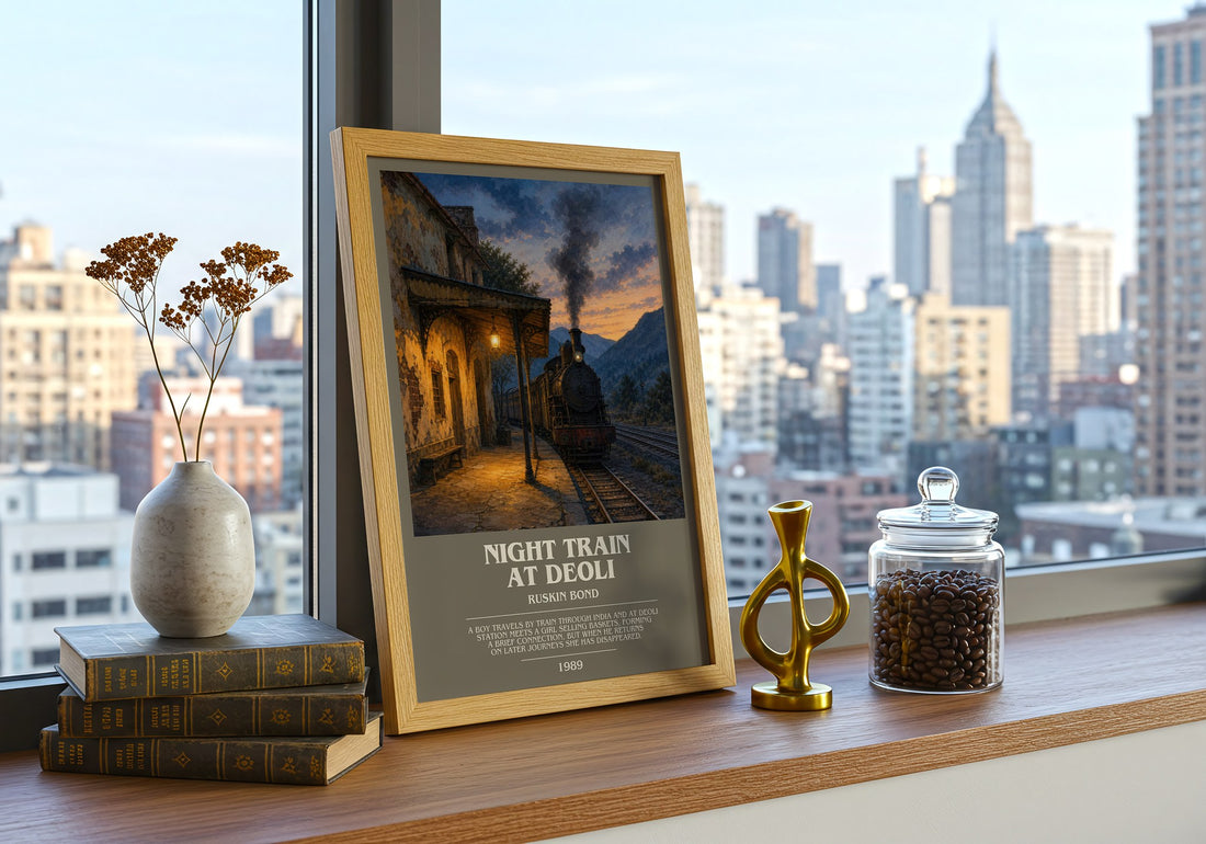 Night Train at Deoli bookish print framed by window – literary home decor
