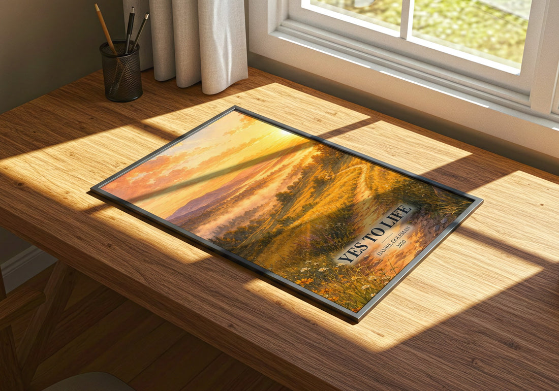 Yes to Life watercolour book poster framed on wall – __new__:self help wall art