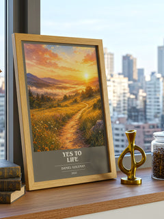 Yes to Life book cover print framed by window – literary home decor