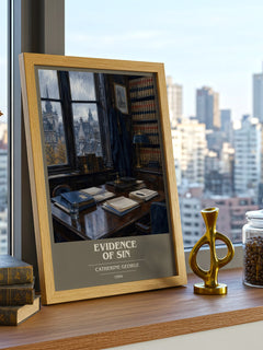 Evidence of Sin book cover print framed by window – literary home decor