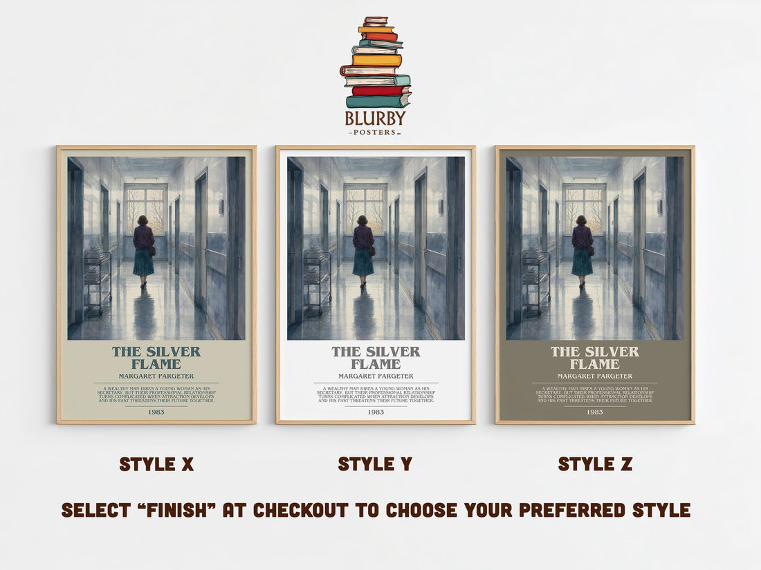 The silver flame bookish print in frame leaning in hallway – romance wall art (mockup)