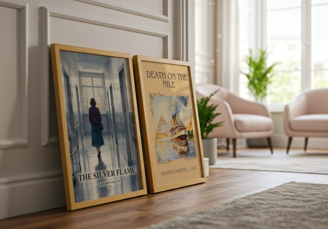 The silver flame watercolour print framed by window – literary home decor