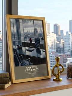 Man with two faces book cover print framed by window – literary home decor