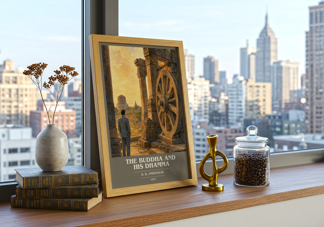 The Buddha and his Dhamma book cover print framed by window – literary home decor
