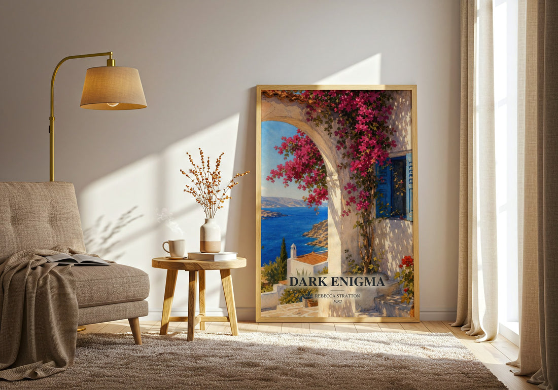 Dark Enigma watercolour print in frame leaning in hallway – romance wall art
