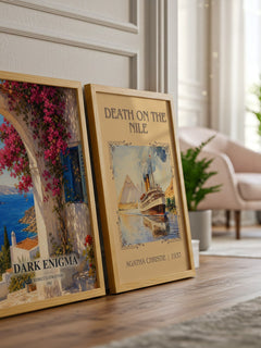 Dark Enigma watercolour print framed by window – literary home decor