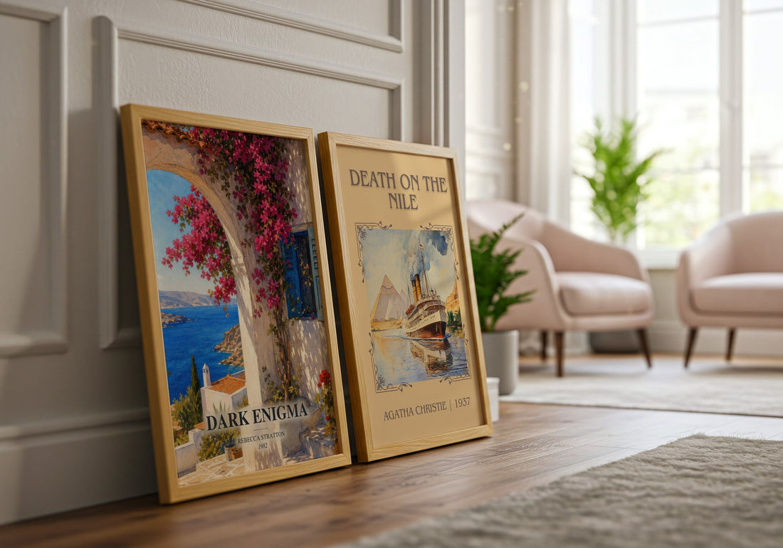 Dark Enigma watercolour print framed by window – literary home decor