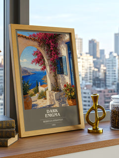 Dark Enigma book cover print framed by window – literary home decor