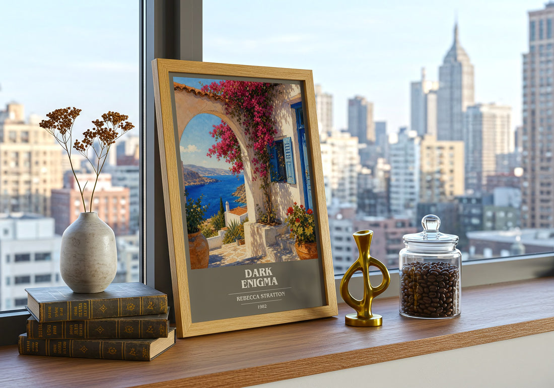 Dark Enigma book cover print framed by window – literary home decor