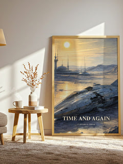 Time and again watercolour print in frame leaning in hallway – sci fi wall art