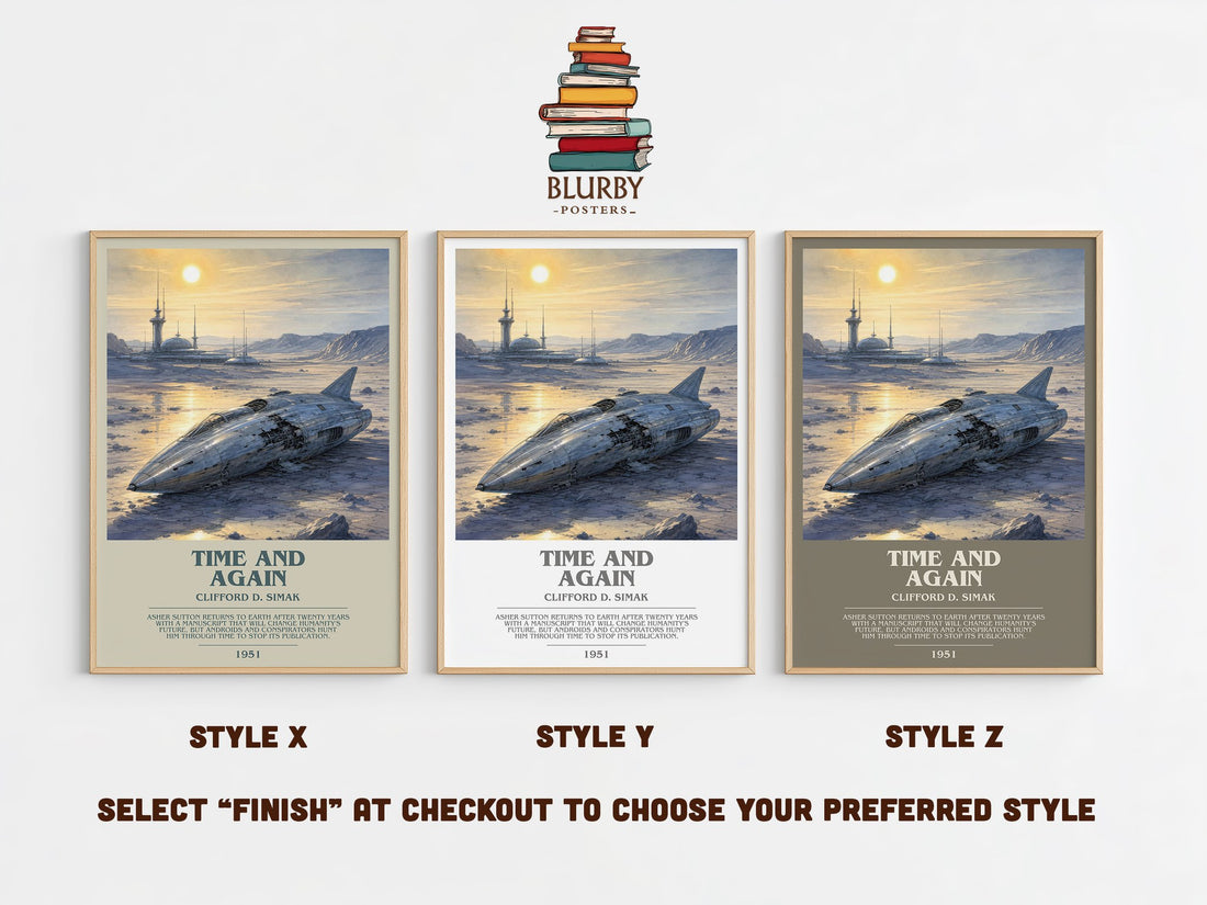 Time and again bookish print in frame leaning in hallway – sci fi wall art (mockup)