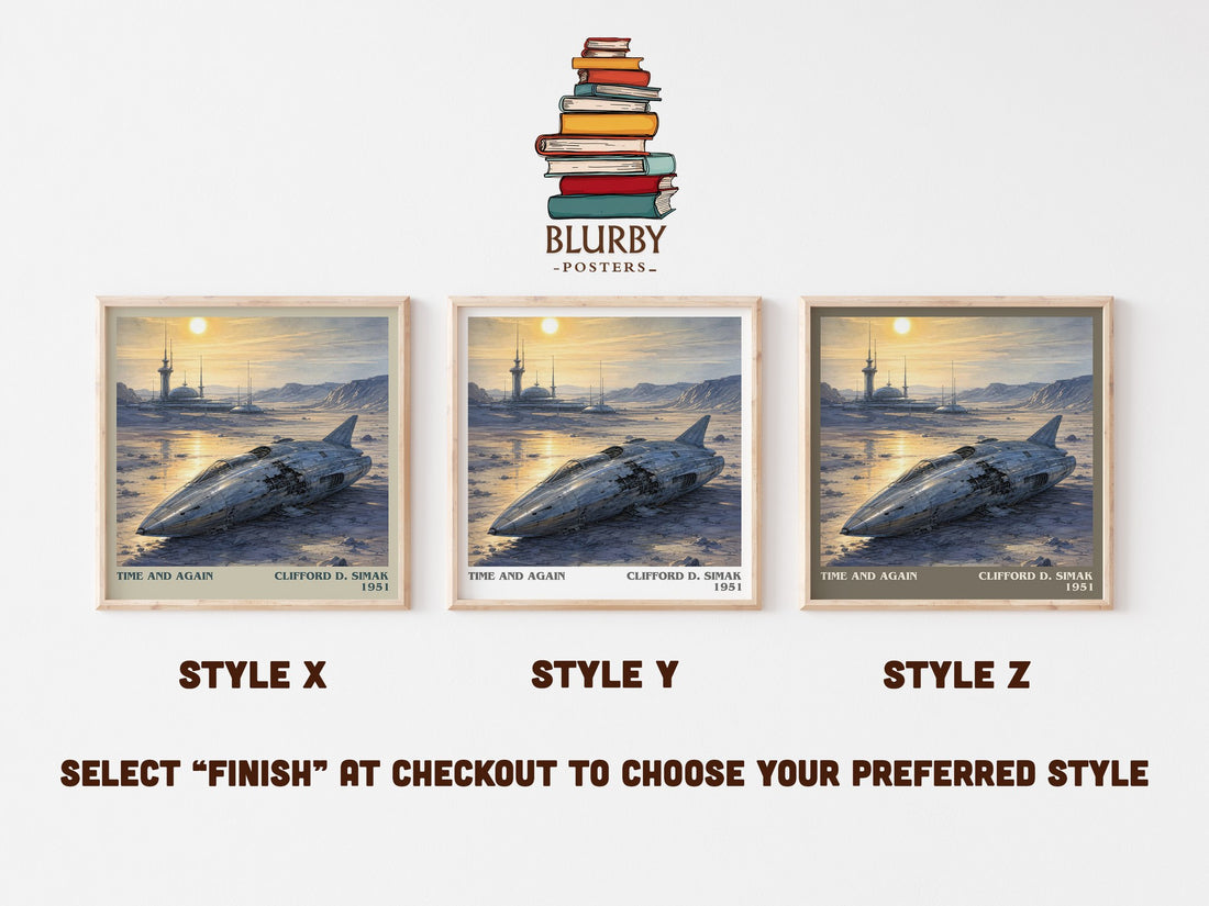 Time and again literary print in frame leaning in hallway – sci fi wall art (mockup)