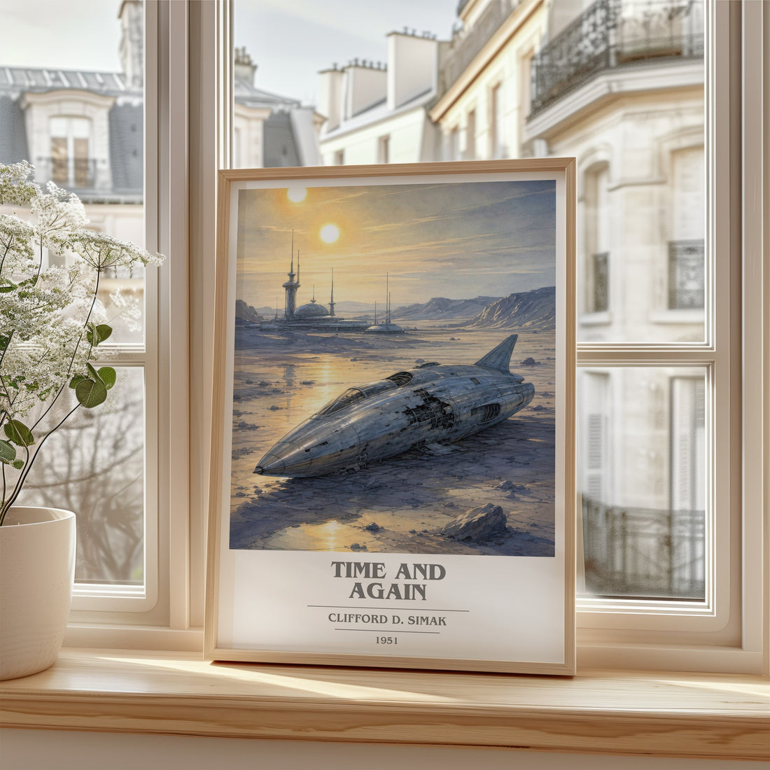 Time and again Book Cover Poster by Clifford D. Simak – framed print by a bright window