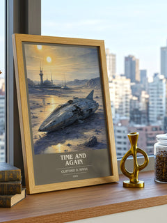 Time and again Book Cover Poster by Clifford D. Simak – framed print on a city-view windowsill